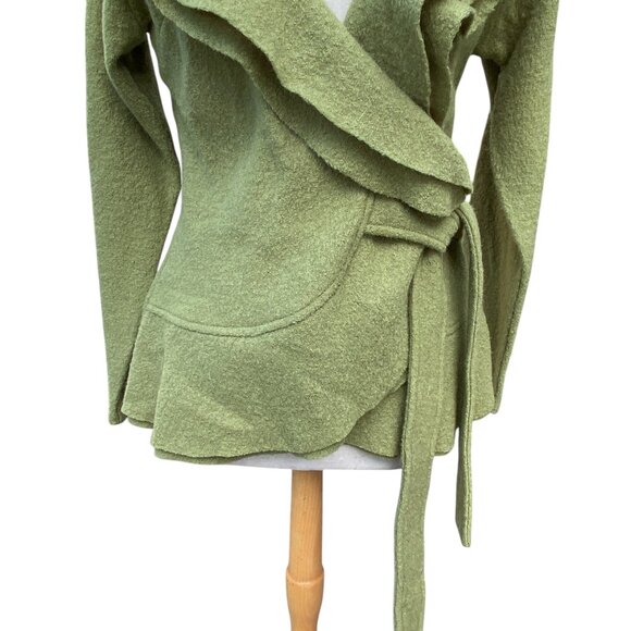 Elena Solano Boiled Wool Ruffle Wrap Jacket Green Cottagecore Artsy Lagenlook-L - Picture 4 of 14